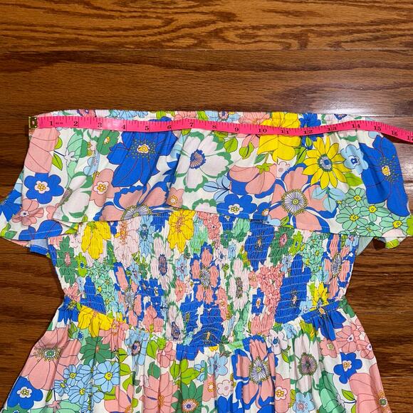 Pink Lily Floral Strapless Smocked Ruffle Summer Romper Size Large - Picture 12 of 15